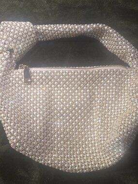 Madison West Pearl Rhinestone Knotted Dumpling Bag Silver Sparkle Evening Purse